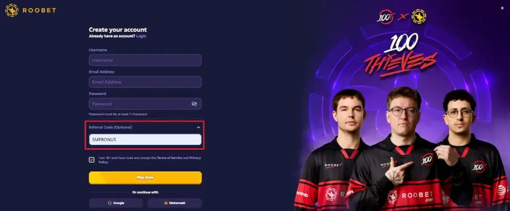 Roobet registration screenshot with SMPBONUS entered in referral code field during account signup