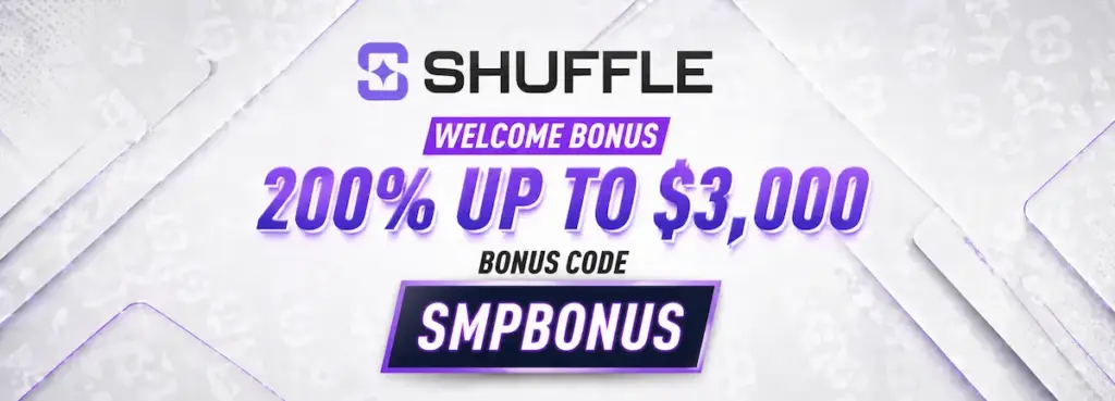 Shuffle Casino promo code SMPBONUS with 200 percent welcome bonus up to 3000 dollars