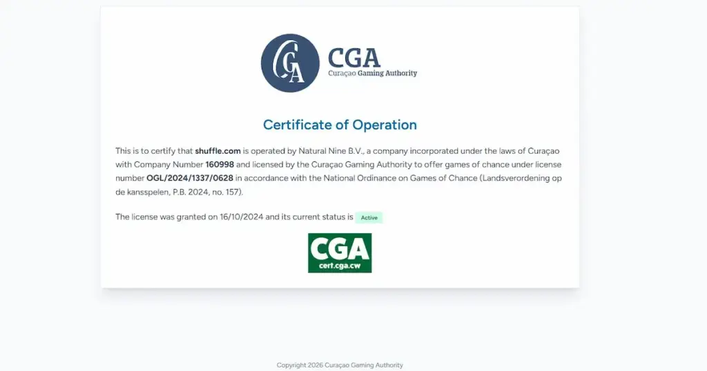 Shuffle Casino license certificate from Curacao Gaming Authority shown in review