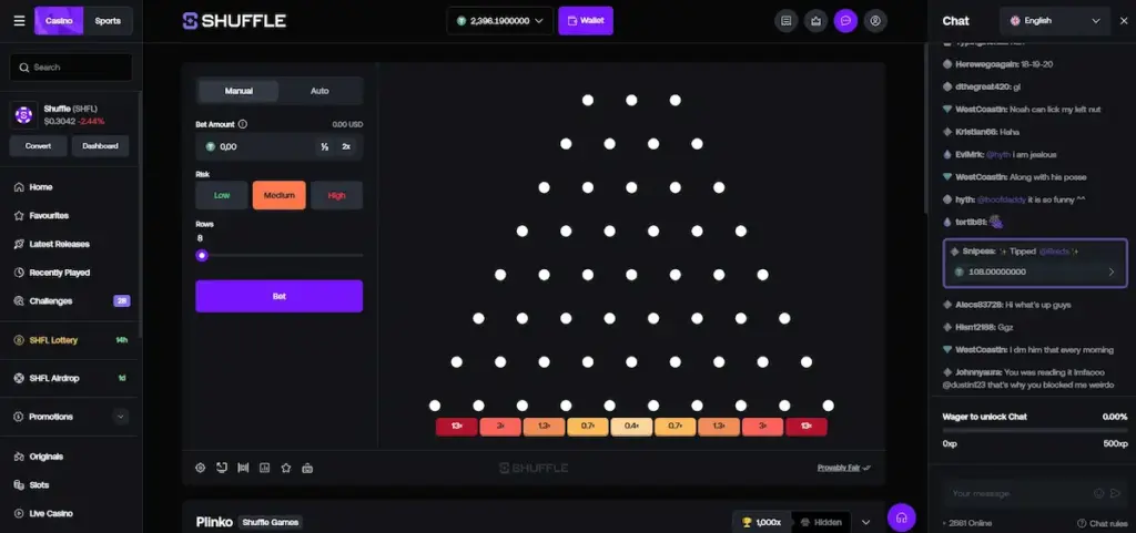 Shuffle Casino Plinko game interface with betting controls shown in real gameplay screenshot