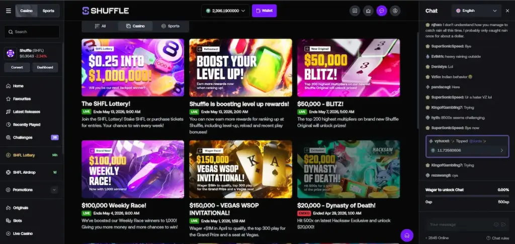 Shuffle Casino promotions page showing tournaments bonuses and lottery events