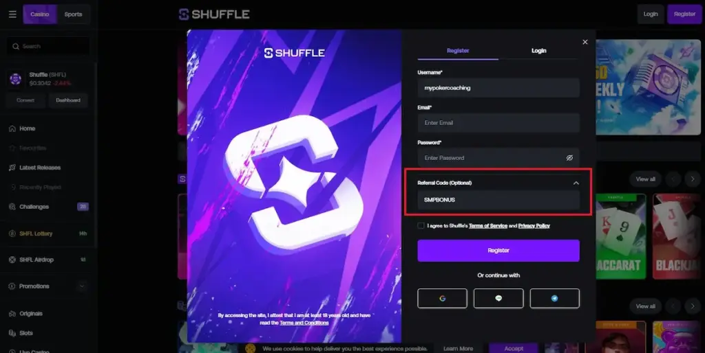 Shuffle Casino registration form with promo code field showing SMPBONUS entry