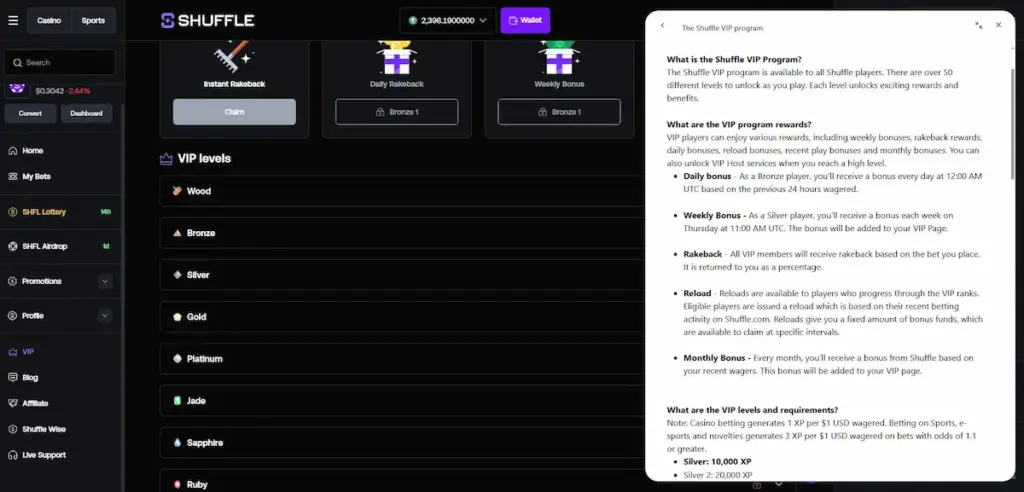Shuffle Casino VIP levels and rewards interface shown in real screenshot during Shuffle Casino review