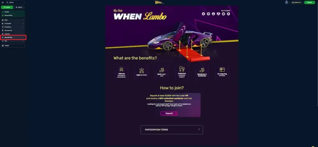 Real Winz promo code screenshot showing VIP Club page, cashback rewards, and Winz bonus code VIP offer