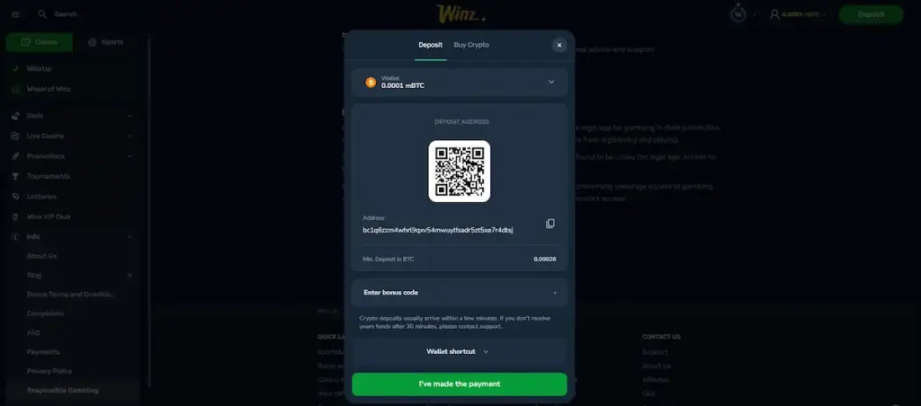 Real Winz+ deposit screenshot showing Bitcoin payment screen with QR code, wallet address, and bonus code field