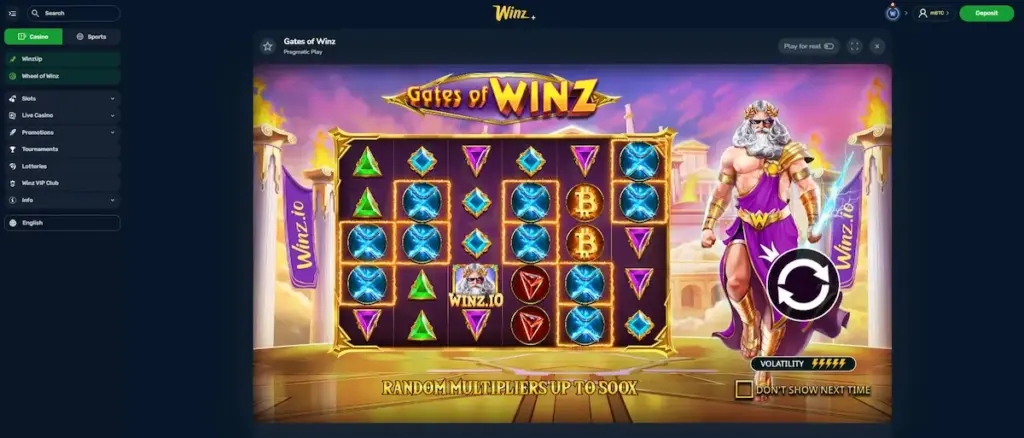 Real Winz.io slot games screenshot showing Gates of Winz slot inside the casino lobby interface