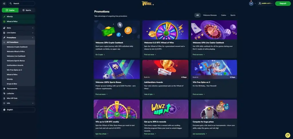 Real Winz.io promotions page screenshot showing cashback bonuses, wheel rewards, and ongoing casino offers