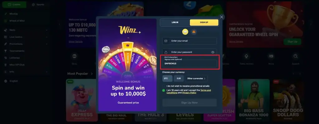 Real Winz+ registration screenshot showing sign up form and promo code field with SMPBONUS entered