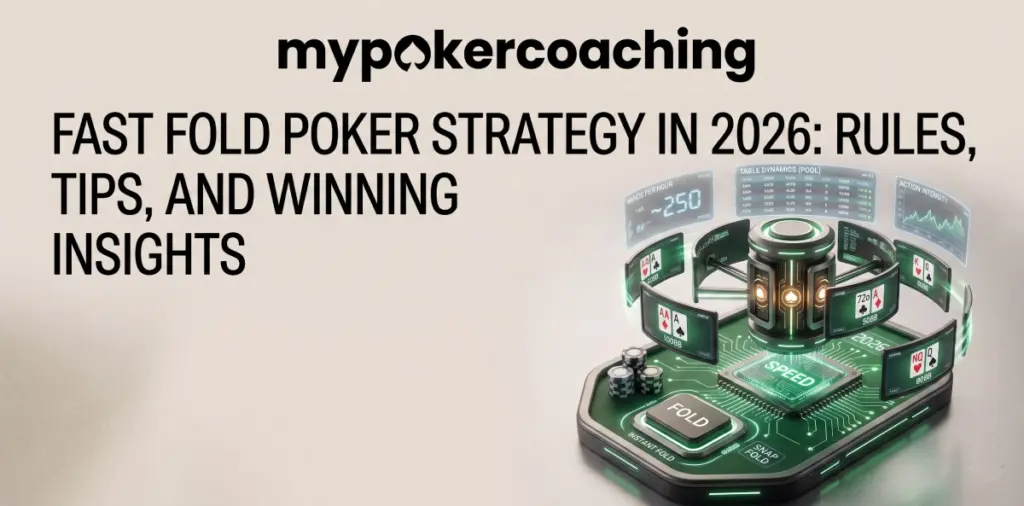 Featured banner for the article 'Fast Fold Poker Strategy in 2026', showcasing a futuristic digital poker device with glowing screens, statistics, and a prominent fold button.