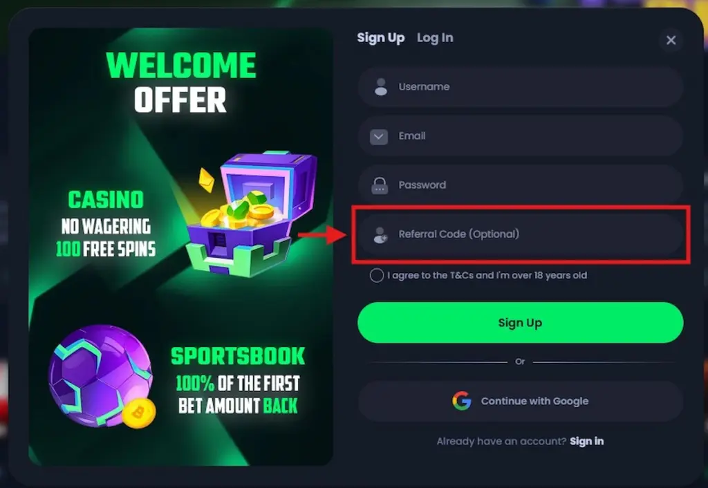 Screenshot of the Jack.com account creation form. A red arrow and box highlight the 'Referral Code' field next to banners advertising casino free spins and a sportsbook welcome offer.
