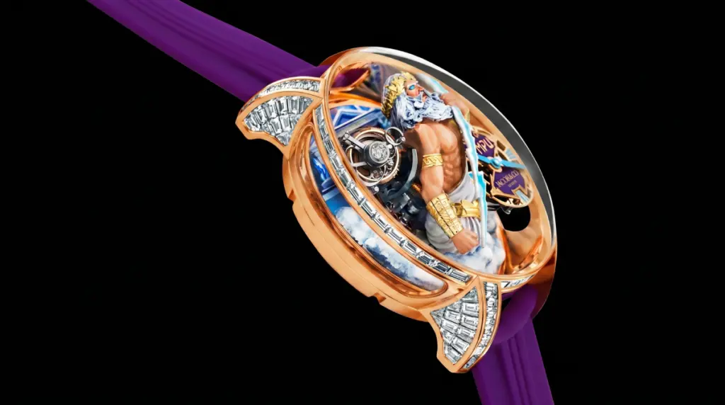 Angled close-up of the Jacob & Co. Astronomia Gates of Olympus watch on a black background, showcasing the domed sapphire crystal, 3D Zeus sculpture, rose gold case with baguette diamond lugs, and a purple strap.