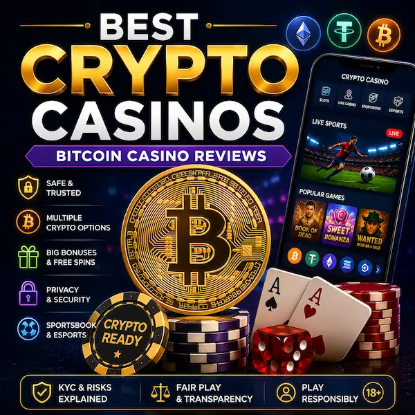 Best crypto casinos featured image with Bitcoin coin, casino chips, crypto symbols, sportsbook interface, KYC and risk guide, and responsible gambling notice