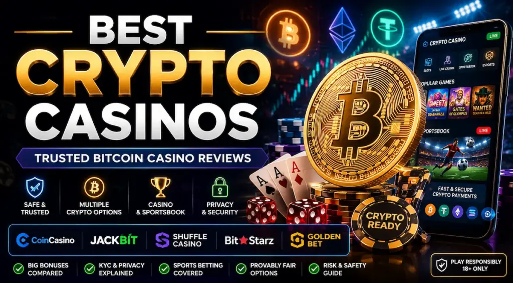 Best crypto casinos hero image with Bitcoin coin, casino chips, crypto payment icons, sportsbook interface, and responsible gambling notice