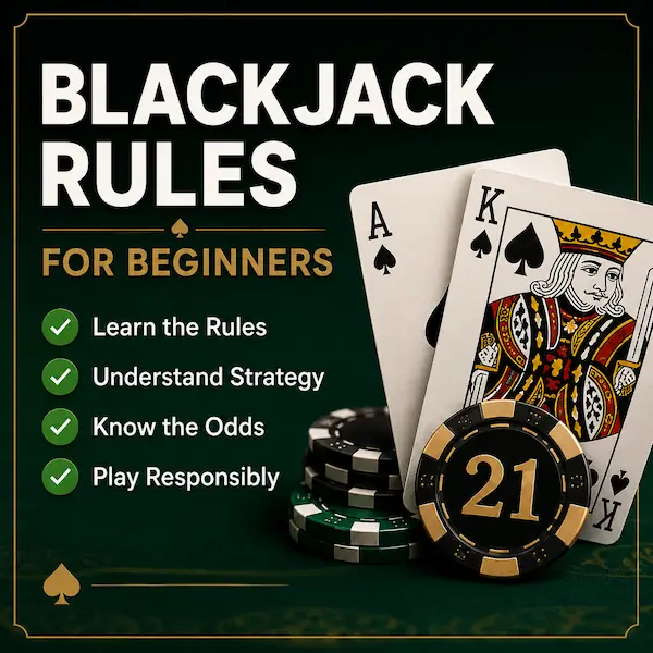 Blackjack cards and chips representing a beginner guide to blackjack rules and basic strategy.