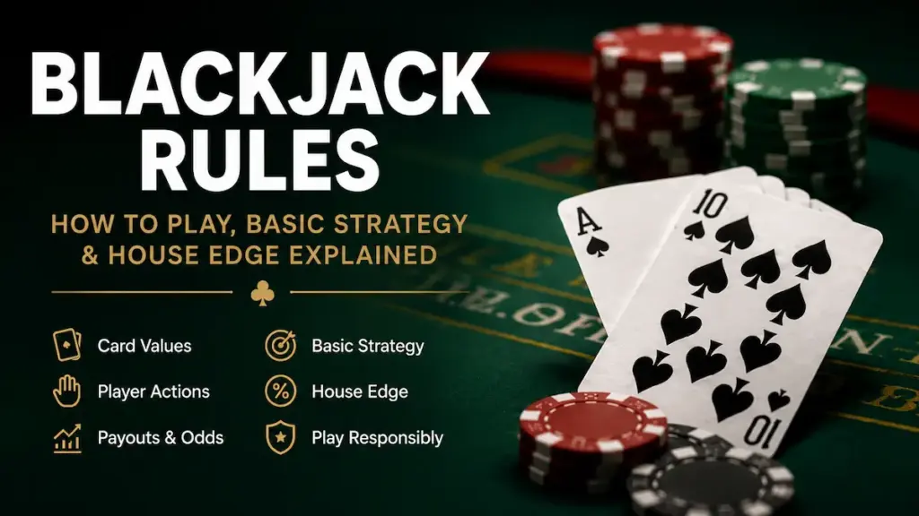 Blackjack rules guide showing cards, chips, and a casino table for learning how to play blackjack.
