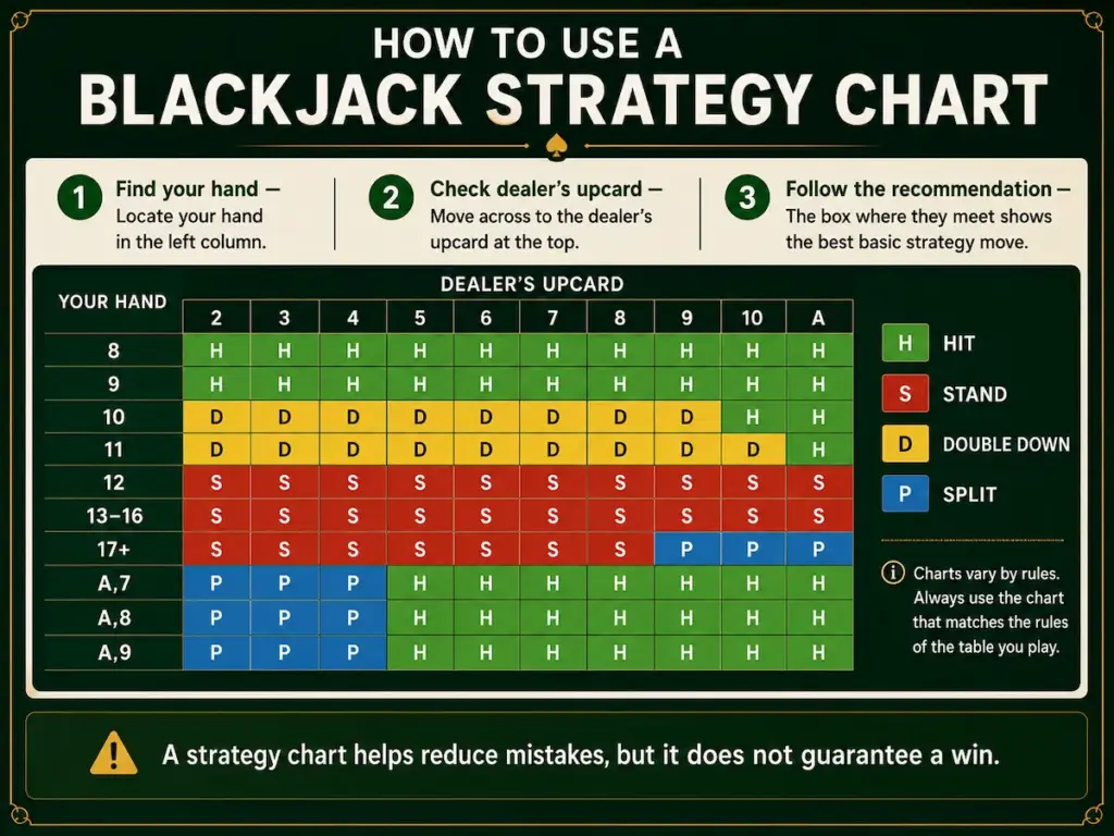 Simplified blackjack strategy chart showing how player hands and dealer upcards guide basic strategy decisions.