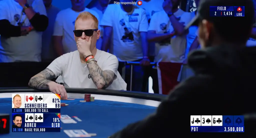 Felix Schneiders facing a flop raise with pocket queens during the 2026 EPT Paris Main Event heads-up battle