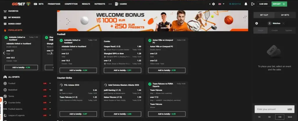 GGbet review screenshot showing sportsbook betting markets and bet slip interface