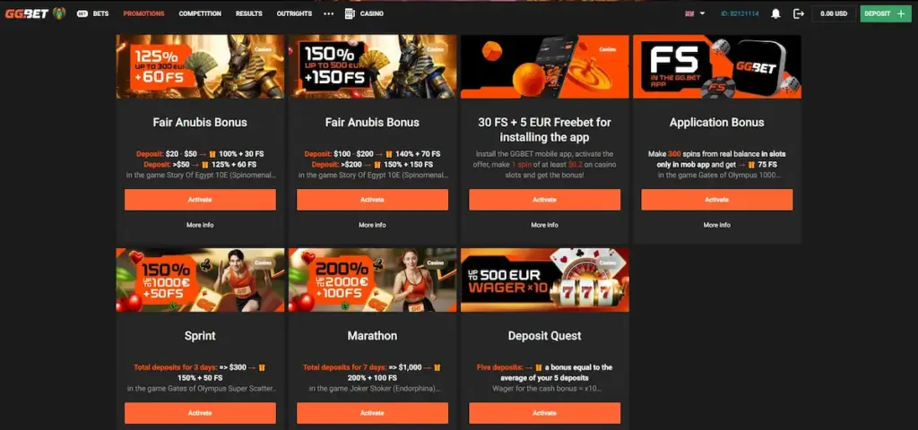 GGbet Casino review screenshot showing casino promotions and bonus activation cards