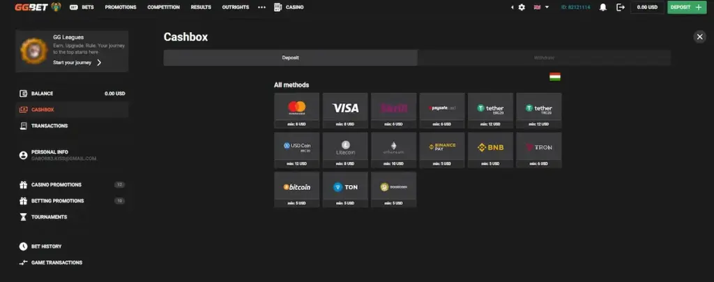 GGbet Casino cashier screenshot showing deposit methods including cards and crypto
