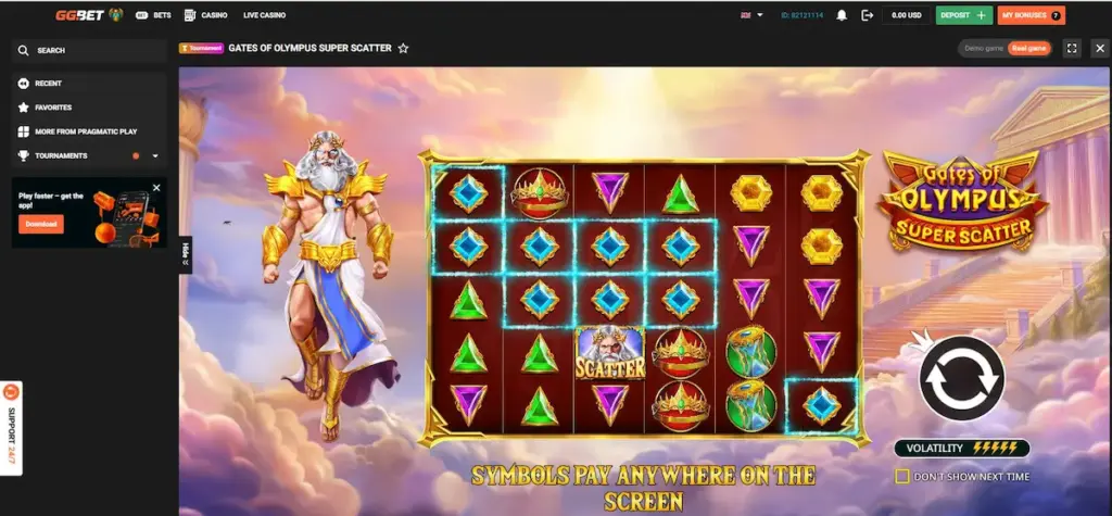 GGbet Casino review screenshot showing Gates of Olympus Super Scatter slot gameplay