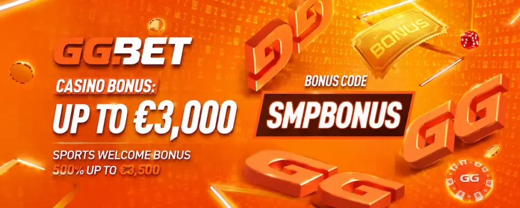 GGbet review hero banner showing casino bonus up to €3,000 and SMPBONUS bonus code