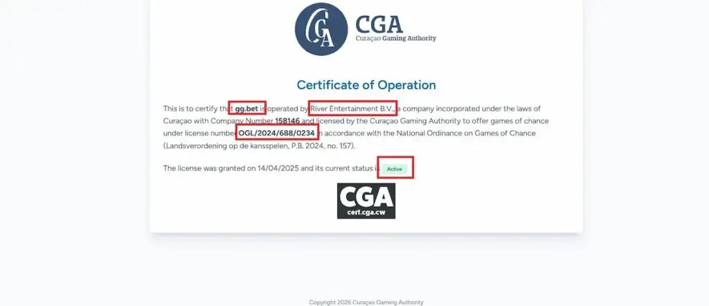 GGbet review screenshot showing Curaçao Gaming Authority certificate details