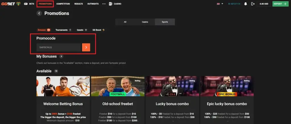 GGbet review screenshot showing promocode field with SMPBONUS on promotions page