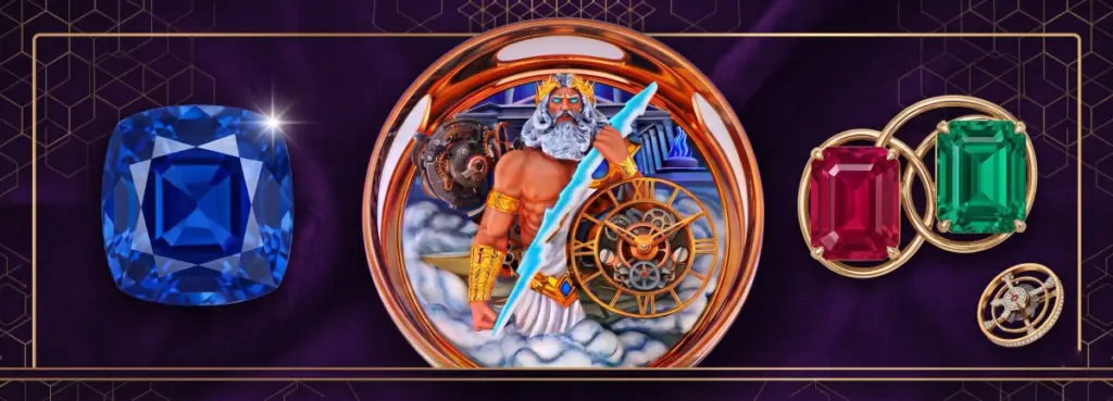 Promotional banner for Jacob & Co. highlighting the Gates of Olympus timepiece. The center shows a fully dimensional dial featuring a sculpted Zeus, a glowing lightning bolt, and exposed tourbillon gears, surrounded by floating colorful gemstones.