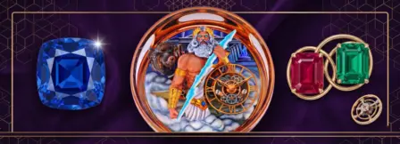 Promotional banner for Jacob & Co. highlighting the Gates of Olympus timepiece. The center shows a fully dimensional dial featuring a sculpted Zeus, a glowing lightning bolt, and exposed tourbillon gears, surrounded by floating colorful gemstones.