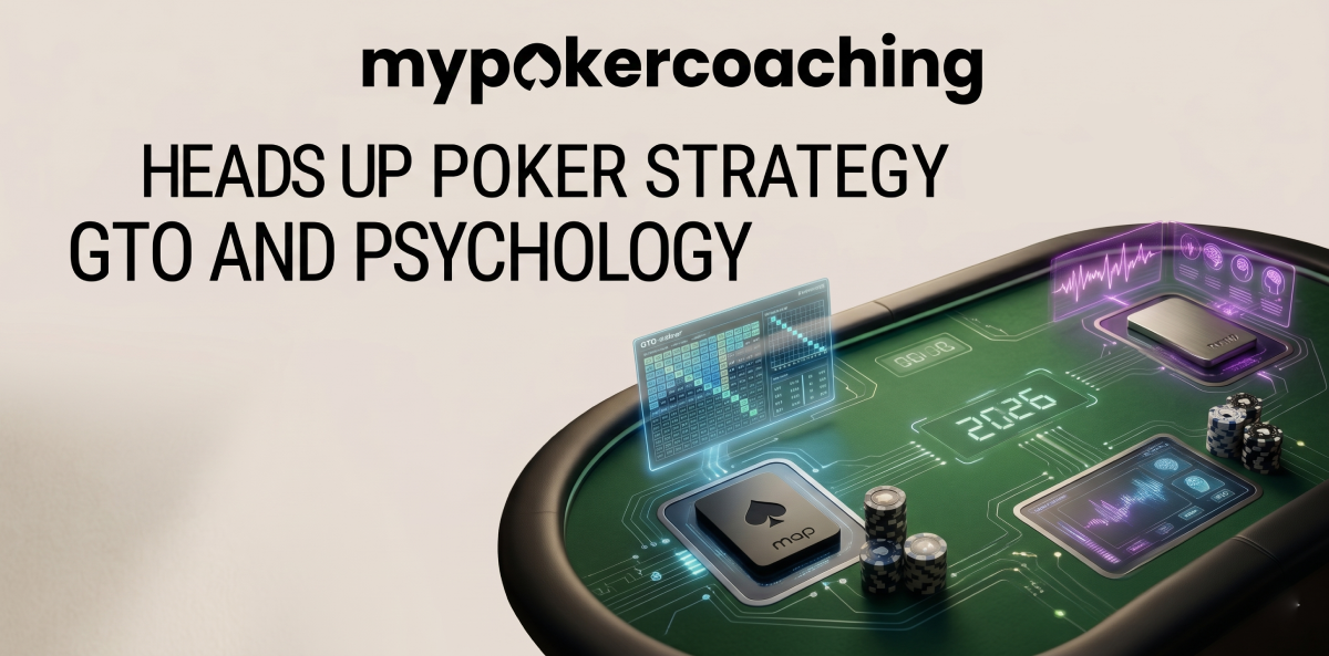 Featured image for a mypokercoaching article titled "HEADS UP POKER STRATEGY IN 2026: GTO AND PSYCHOLOGY". The background features a futuristic, high-tech green poker table with glowing digital interfaces, poker chips, a black spade card protector, and the year 2026 illuminated on the felt.