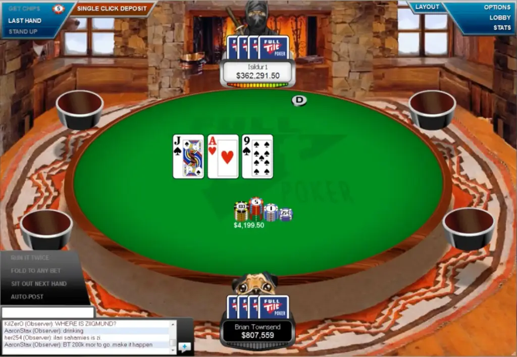 A legacy Full Tilt Poker screenshot showing a high-stakes Heads-Up cash game table between 'Isildur1' (Viktor Blom) and 'Brian Townsend'. The classic red Full Tilt interface is visible.