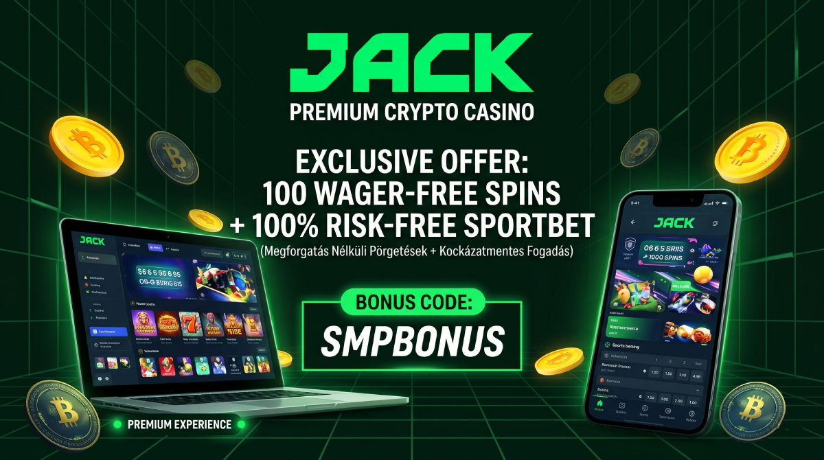 Promotional banner for Jack Premium Crypto Casino highlighting an exclusive offer of 100 wager-free spins and a 100% risk-free sportbet using the bonus code SMPBONUS, featuring a laptop, smartphone, and floating Bitcoins.