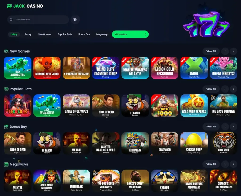 Screenshot of the Jack Casino game lobby featuring a dark theme, a 3D 777 graphic, and categorized rows of slot games including New Games, Popular Slots, and Megaways.