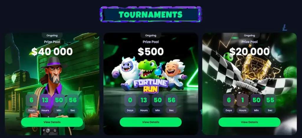 Screenshot of the Jack.com tournaments section showing three ongoing events, including Fortune Run and Bet Masters, with prize pools up to $40,000 and countdown timers.