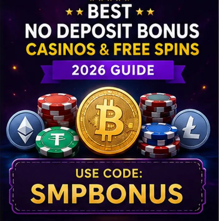 Featured image for best no deposit bonus casinos and free spins casinos with SMPBONUS code and crypto casino rewards.