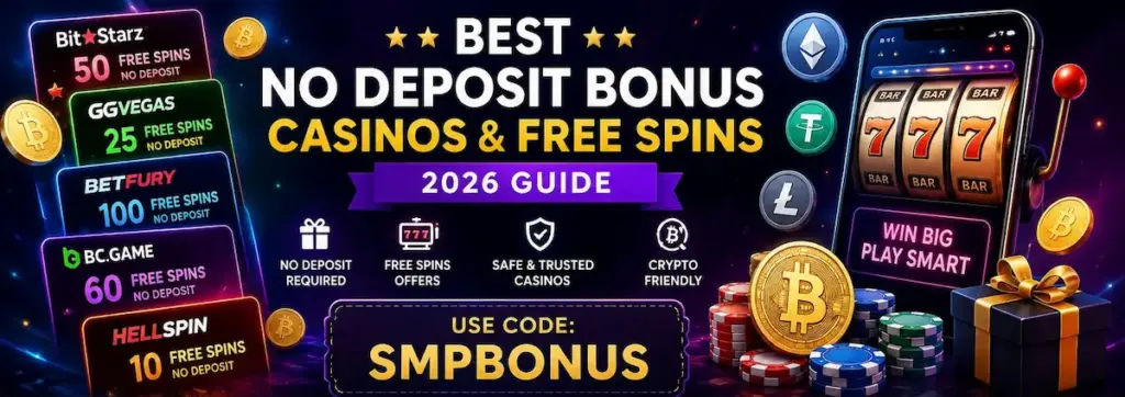 Best no deposit bonus casinos and free spins offers in 2026 featuring SMPBONUS code, crypto friendly casino rewards, and free spins no deposit promotions.