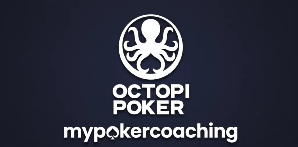 Octopi Poker white octopus logo and MyPokerCoaching logo centered on a dark textured background.