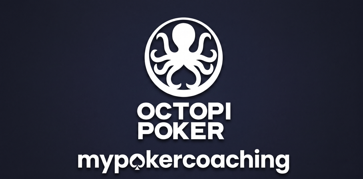 Octopi Poker white octopus logo and MyPokerCoaching logo centered on a dark textured background.