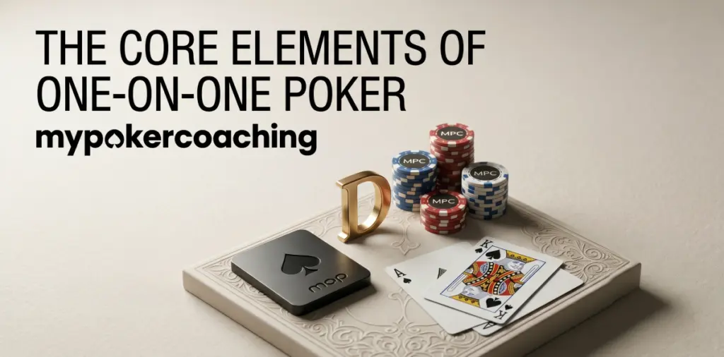 Conceptual image for an advanced poker coaching guide featuring the text "THE CORE ELEMENTS OF ONE-ON-ONE POKER" and the mypokercoaching logo. The setup includes custom MPC-branded poker chips, a golden 3D dealer button, playing cards including the Ace of Spades, and a black card protector resting on an ornate stone display.