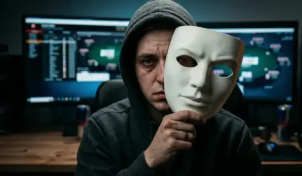 A cinematic close-up of an online poker player holding a blank white mask to half of his tired face, illustrating the core concept of poker discipline. This image serves as the featured image for our comprehensive guide to managing your A-game and C-game.