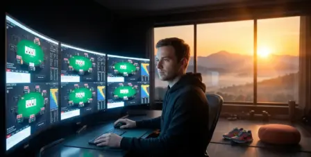 A professional poker player grinding on multiple monitors in a dark room, while a bright sunrise and a workout mat are visible through the window, showing a healthy poker mindset and lifestyle balance.