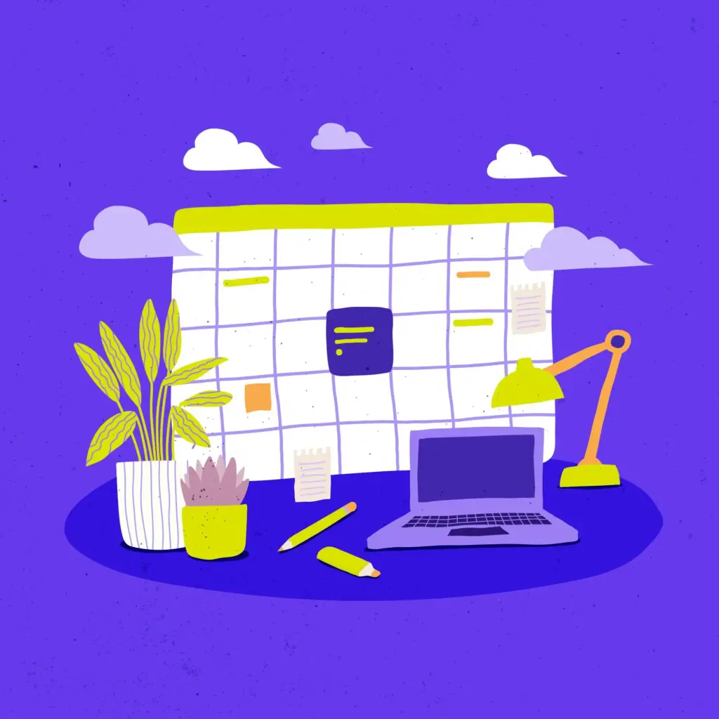 A colorful illustration of a structured calendar with a laptop and plants, representing a balanced poker routine and healthy schedule.
