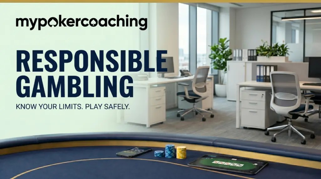 Empty poker table with chips and devices emphasizing responsible gambling and safe play.