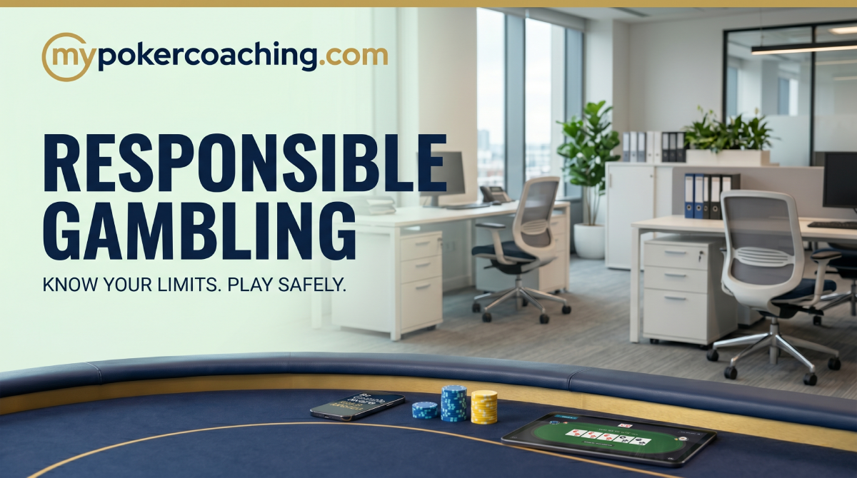 Empty poker table with chips and devices emphasizing responsible gambling and safe play.