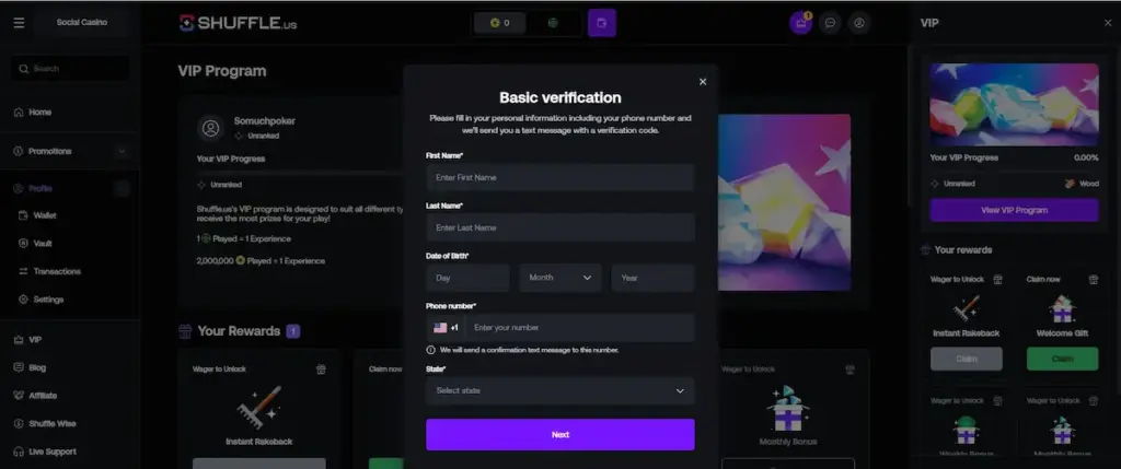 Shuffle US Review screenshot showing the Shuffle.us basic verification form for account checks