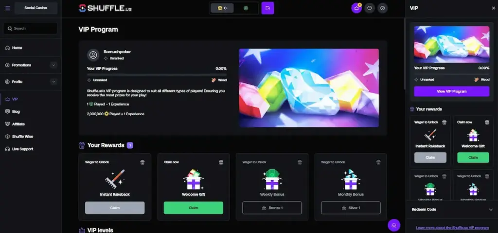 Shuffle US Review screenshot of the Shuffle.us VIP Program with rewards and progress tracker