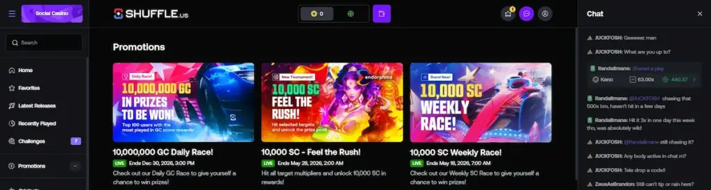 Shuffle US Review screenshot of the Shuffle.us promotions page with GC and SC race offers