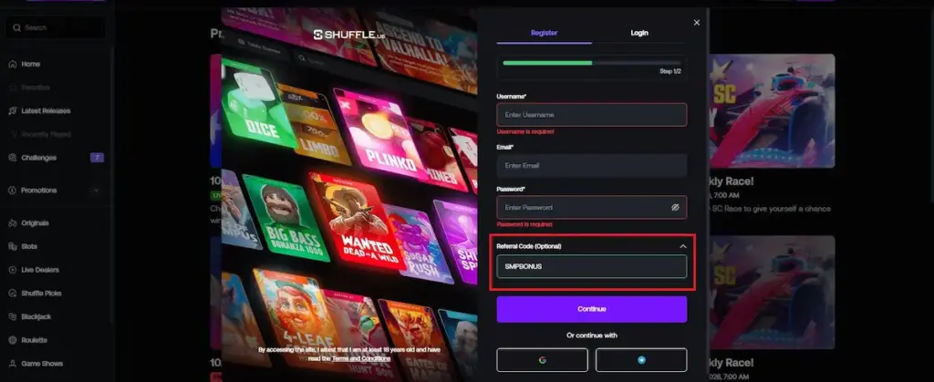 Shuffle US Review registration screenshot showing SMPBONUS referral code in the sign-up form