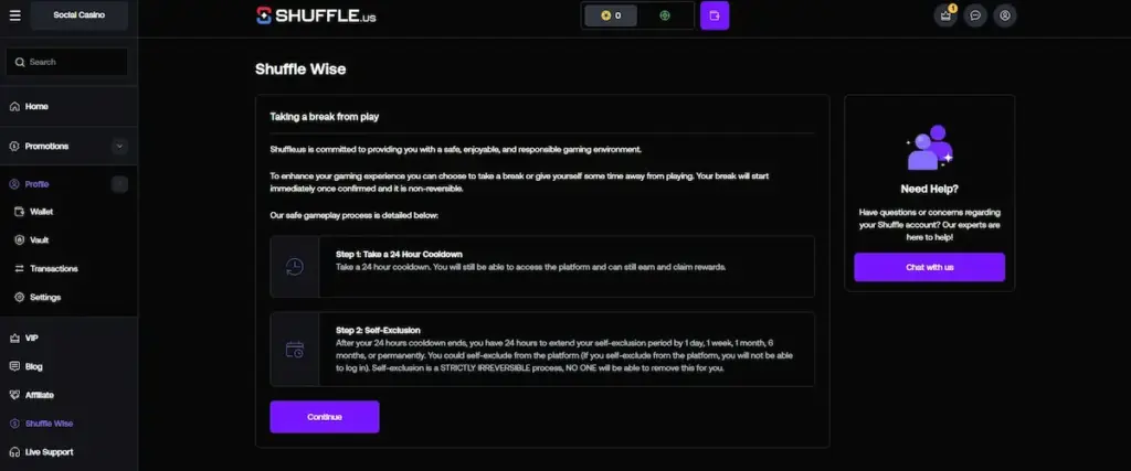 Shuffle US Review screenshot of Shuffle Wise responsible gaming tools for cooldown and self-exclusion